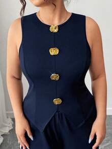 Elenzga 大码女式奢华优雅时尚设计高端通勤修身黑色无袖背心和直筒裤两件套 - 藏蓝色 - 查看 4