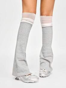 ROMWE Kawaii 1Pairy2k 千禧辣妹朋克风白色灰色过膝微型喇叭袜，腿套，时尚简约女士腿套，适合日常、约会、派对、购物等场合搭配 - 灰白色 - 查看 2