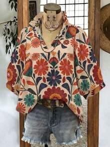 Voyazaga 2026 Mărime Plus pentru femei primăvară/vară nou sosire vintage imprimeu floral la modă casual versatil bej deschis cu decolteu în V cu mâneci bufante perfect pentru ținute de primăvară și vară - Multicolor - Vizualizare 4