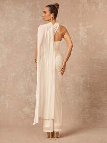 Lumalex VITNOS 秋冬新款高端优雅奶油黄简约时尚露背（可拆卸亮片）胸前荷叶边下摆网纱透明鱼尾连衣裙，适合约会、度假、派对、婚礼、伴娘活动、晚礼服 - 杏色 - 查看 2