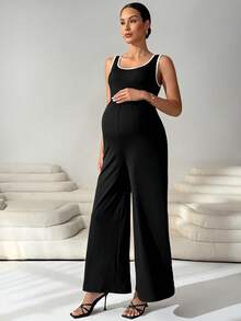 SHEIN MaterniWear Pregnant Women's Summer Casual Commuting Contrast Binding Wide Leg Jumpsuit Without Belt - Black and White - View 7