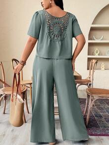 SHEIN LUNE Plus Size Casual Solid Color Tie Front Top And Pants 2 Pieces Set - Mint Blue - View 2