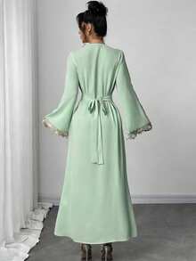 Rafferiza Women's Loose V-Neck Ruffle Long Sleeve Robe, Turkish Abaya, Arabic Kaftan - Aqua Blue - View 2