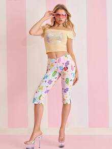 SHEIN X Care Bears 女士弹力腰带休闲七分紧身裤 - 彩色 - 查看 7