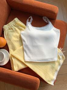 SHEIN Summer For Teen Girls: Summer Fresh Sweet Lace-Trimmed Camisole + High-Waisted Wide-Leg Pants Casual Two Pieces Set, And Cool Outfit, A Must-Have Fashionable And Versatile Set Bohemian Squishy Two Pieces Summer Set Vacation Outfits 2 Pieces Set Yellow Linen Two Pieces Set Summer Linen Set Yellow Pants Set - Multicolor - View 4