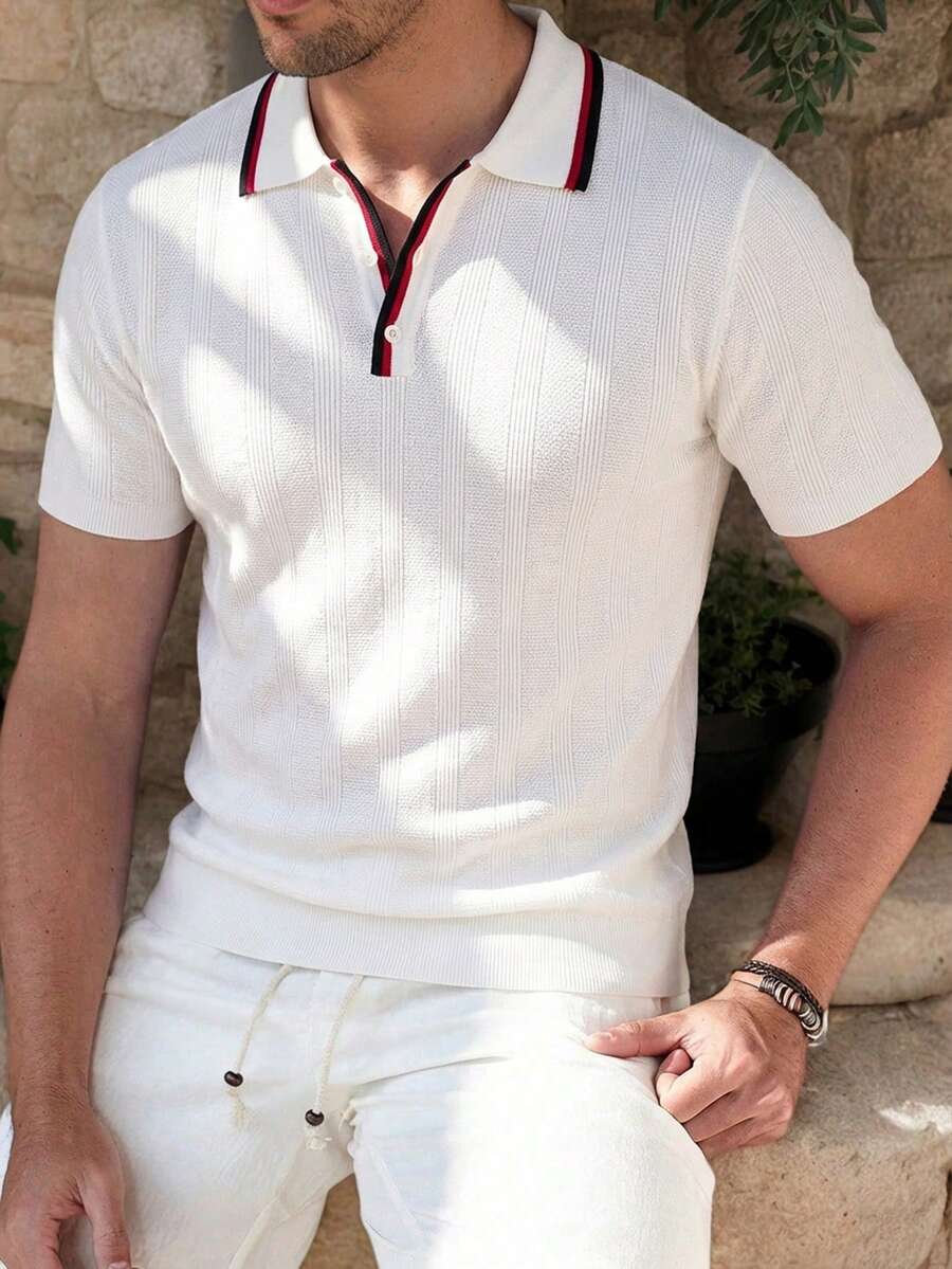Manfinity Mode Men's Contrast Collar Short Sleeve Knit Top Men's Clothing Online Men's Casual Wear Polo Shirts For Men Collar Summer Wear For Men Maroon And White Shirt Men Summeroutfit - Multicolor - View 1