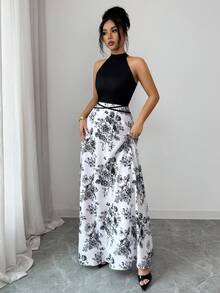 Elenzga 女士夏季新款法式拼接无袖连衣裙，独特设计印花露背撞色修身腰带连衣裙 - 彩色 - 查看 6