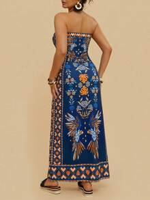 Travachic Women's Blue Strapless Knit Abstract Floral Print Symmetrical Pattern Boho Maxi Dress,Plus Size Summer Vacation Holiday Beachwear Outfits - Blue - View 14