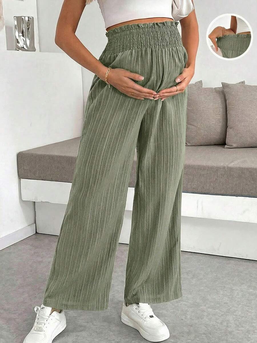 SHEIN Maternity Solid Color Pleated Casual Versatile Palazzo Pants For Daily Wear - Green - View 1