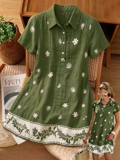 Louniche 女士印花短袖休闲舒适衬衫裙