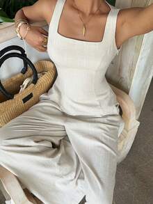 SHEIN EZwear Bộ đồ công sở nữ màu mơ dệt kim, gồm áo và quần, kiểu dáng hở lưng, không tay. - Màu be - Xem 7