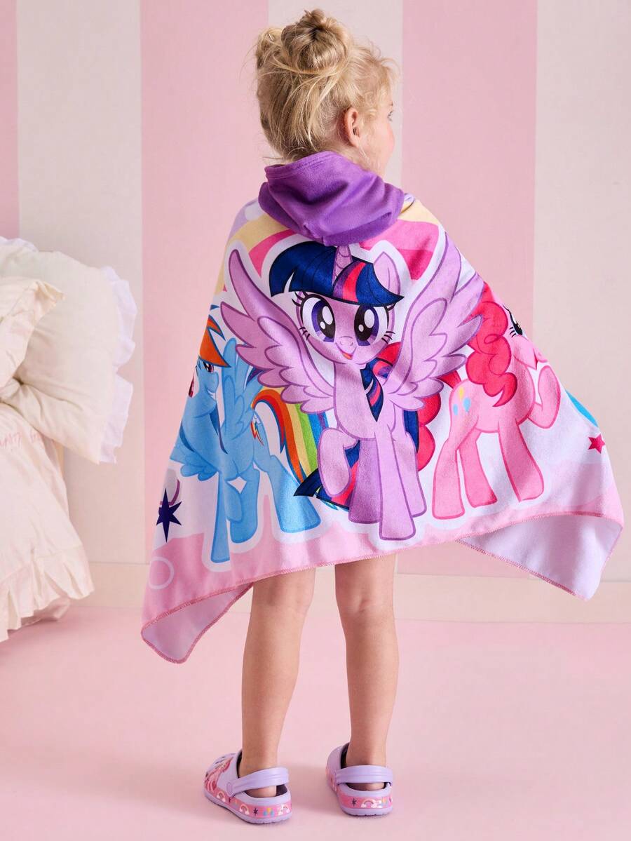 My Little Pony X SHEIN Toalla de baño con capucha de potro de dibujos animados linda, toalla de playa, adecuada para usar en la playa y junto a la piscina. Hecha de tela de microfibra, muy absorbente y adecuada para niños de 7 a 12 años. - Rosa - Ver 1