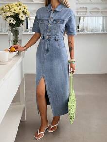 DAZY 女士休闲水洗牛仔连衣裙，带假口袋和开衩，夏季长款连衣裙 - 中等水洗藍 - 查看 5
