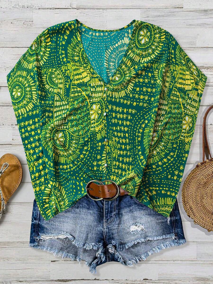 Linhara 大尺碼女款 V 領印花蝙蝠袖前開鈕扣休閒上衣,秋季波西米亞風度假海灘保守風上衣 - 墨綠色 - 查看 1