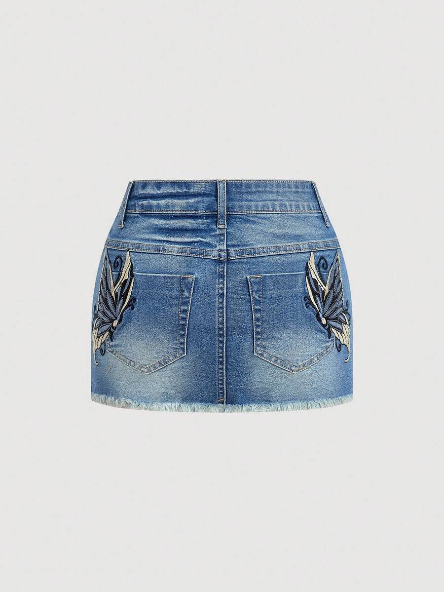 Sweetra Chân váy denim nữ kiểu dáng thường ngày, có túi và gấu quần rách. - Rửa tối - Xem 1