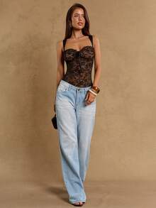 SHEIN BAE 女士黑色蕾丝透视性感连体衣 - 黑色 - 查看 7