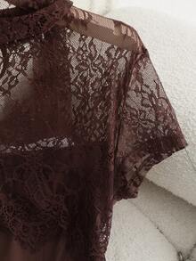 Franclia Summer New Solid Color Sexy Lace Patchwork Strapless Sleeveless Top, Front Fishbone Line Split, Halter Long Ribbon, Women Beach Outfit, Suitable For Party, Holiday Events, Date - Brown - View 4