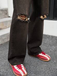 GALLERY FADE 男士奢华休闲直筒裤，做旧设计，大地色系 - 黑色 - 查看 4