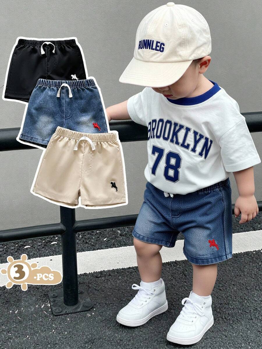 SHEIN Vintaside Kids Bộ 3 quần short cho bé trai thêu hình hiệp sĩ, kiểu dáng thường ngày, đa năng. - Nhiều màu - Xem 1