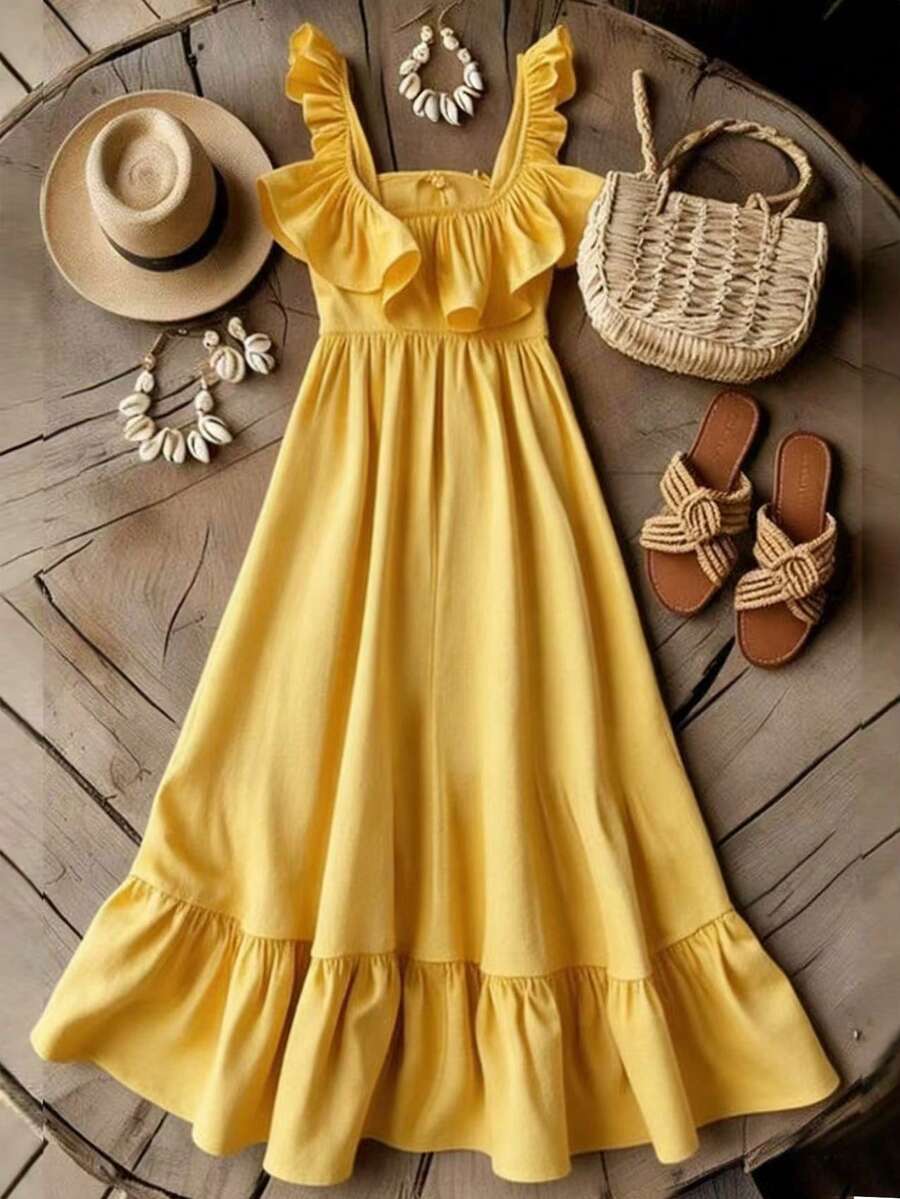Franclia Đầm nghỉ mát thời trang màu trơn có bèo nhún dành cho nữ - Màu vàng - Xem 1