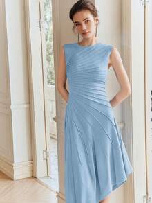Anewsta Elegant Solid Color Heavyweight Knit Sleeveless Asymmetrical Pleated Sweater Dress, Suitable For Early Spring, Autumn, Formal, Party, Fashionable Occasions - Blue - View 6