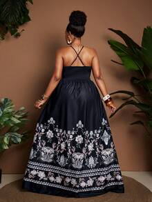 Maweii 大码女士性感度假深V系带褶皱花卉露背吊带连衣裙 - 黑色 - 查看 2