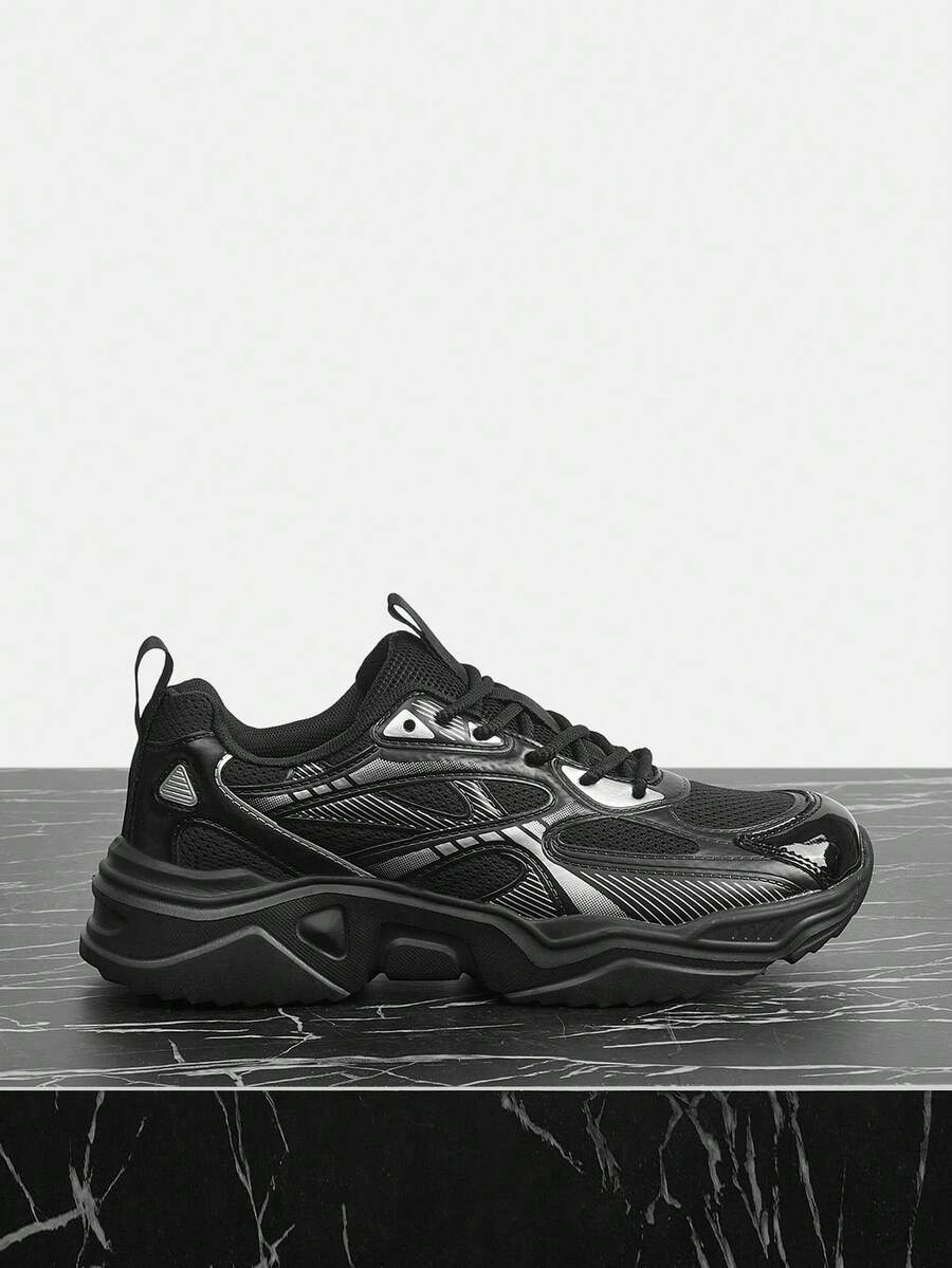 Vate 女士银色厚底厚底运动鞋，舒适透气 - 黑色 - 查看 1