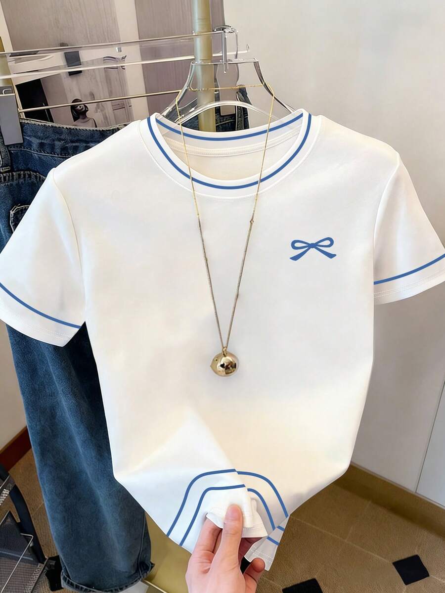 Resyla 夏季新款甜美简约蝴蝶结印花双条纹图案设计休闲百搭女式常规版型T恤，经典白色，日常穿着，学生休闲户外上衣 - 彩色 - 查看 1