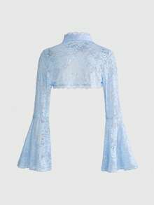 ROMWE Gothic Versatile Slit Bell Sleeve Women Lace Shrug Cardigan - Baby Blue - View 2