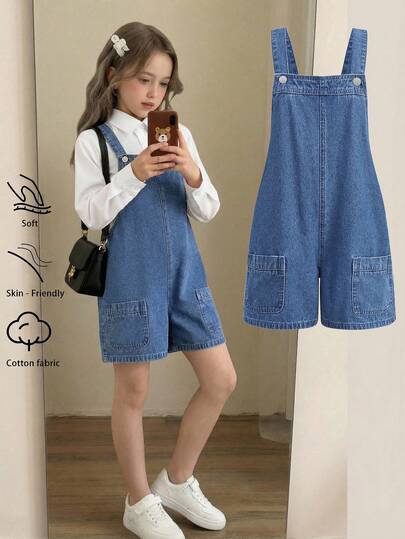 SHEIN Thời trang thiếu nữ tuổi teen phong cách Y2K cổ điển, cá tính, thoải mái. Quần short denim ống rộng màu xanh đậm có dây rút, phù hợp cho bé gái tuổi teen, thích hợp mặc hàng ngày, dự tiệc mùa xuân hè, lễ hội và các hoạt động đường phố. Thời trang mới SS26.