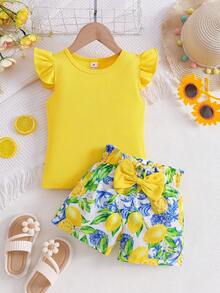 SHEIN Elladie kids 两件套：女童时尚黄色圆领荷叶袖上衣 + 柠檬印花3D蝴蝶结短裤，时尚休闲套装，适合日常、海滩、度假、夏季穿着 - 黃色 - 查看 9