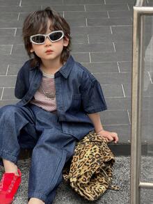 DAZY 男童短袖衬衫和牛仔裤套装 - 藍色 - 查看 1