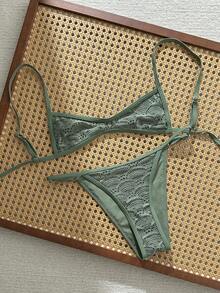 Swim Mod Bộ bikini hai mảnh vải jacquard dành cho nữ, thích hợp cho mùa xuân/hè. - xanh quân đội - Xem 3