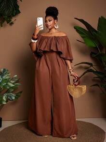 Maweii Plus Size Brown Off Shoulder Cinched Waist Wide Leg Casual Jumpsuit - Brown - View 4