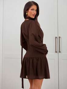 Aloruh Dark Brown Elegant Minimalist Long Sleeve Mini Dress, Suitable For Commuting Going Out Autumn - Coffee Brown - View 2