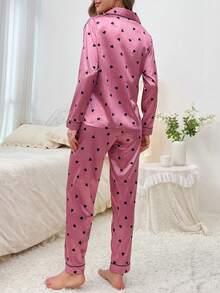 Conjunto de pijama de satén con estampado de corazón y ribete de contraste, prendas de otoño cómodas y elegantes, invierno - Rosa - Ver 2