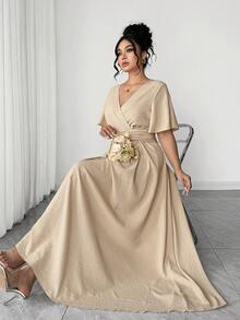 Elenzga 大码女士优雅度假休闲V领宽松袖连衣裙 - 杏色 - 查看 8
