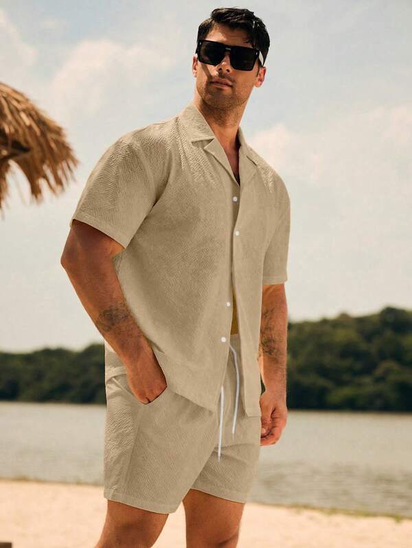 Surfspeed Men's Solid Color Minimalist Daily Short Sleeve Top And Shorts Beach Set