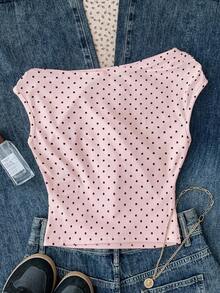 SHEIN Tween Girls' Pink Knit Casual Minimalist Polka Dot Print Asymmetric Ruched Cropped Top, Suitable For Spring/Summer, Casual, Personalized Styling, Daily Wear - Pink - View 2
