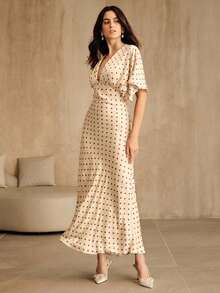 Anewsta New V-Neck Ruched High Waist Fitted Purple Dress, Wedding Guest Dress, Suitable For Autumn, Fall, Spring, Going Out, Elegant, Formal, Party, Chic, New Year, Christmas, Graduation - Apricot - View 4