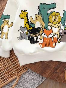 SHEIN 男宝宝休闲卡通动物印花宽松针织柔软厚圆领运动衫，适合秋冬季 - 白色 - 查看 4