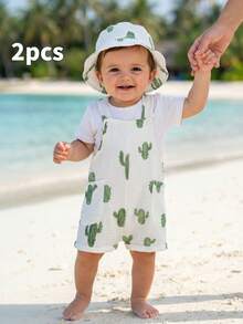 SHEIN Playful Pals 2件組新生男嬰夏季仙人掌&熱帶植物印花白色圍兜短褲與帽子套裝 嬰兒純棉連身褲休閒度假吊帶套裝 - 白色 - 查看 9