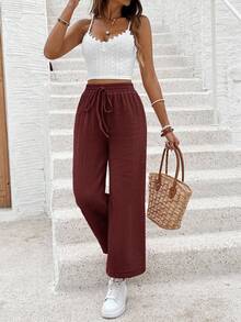 SHEIN Frenchy 女士纯色腰带宽松阔腿休闲裤，适合度假穿着 - 咖啡棕 - 查看 10