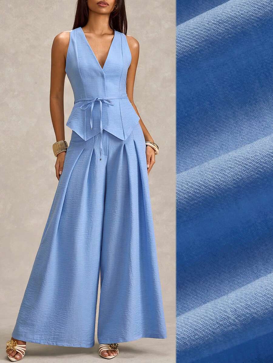 SHEIN Women Modern Blue Vest And Pants Fake Linen - Blue - View 1