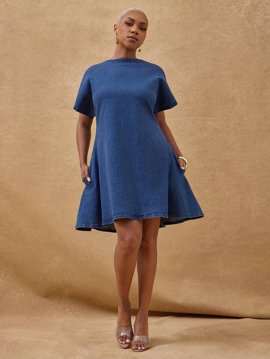 Vixey 露肩袖口收口深V领露背短款牛仔连衣裙 - 深色水洗藍 - 查看 1