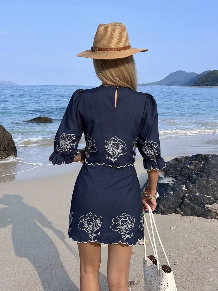 2pcs/Set Women Contrast Embroidered Petal Sleeve Blouse And A-Line Mini Skirt, Casual Holiday Beach Summer Outfit Short Sets For Women