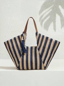 Large Capacity Bohemian Woven Straw Tote Bag With Fringe And Striped And Plain PU Handles For Beach Vacation Summer - Krem - View 3