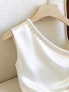 Franclia Ivory Satin Off White Asymmetric Shoulder Pearl Decor Twist Waist Asymmetrical Hem Sleeveless Top,Summer,Elegant,Party Classy Designer Yk2k Tops Women - White - View 4