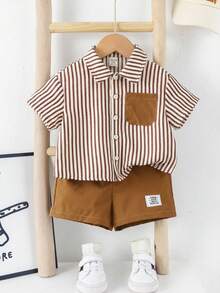 Set 2pcs/Set Baju Lengan Pendek dan Celana Pendek Pinggang Elastis Gaya Korea Kasual Musim Panas untuk Bayi Laki-laki, Cocok untuk Musim Panas - MultiWarna - View 2