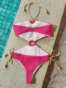 Vivid Eden 1 pieza Traje de baño de una sola pieza con escote halter y diseño calado de unicolor para mujer, ropa de vacaciones para vacaciones de verano en la playa - Rosa - Ver 2